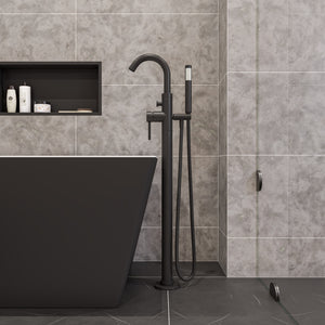 ALFI AB2534 Single Lever Floor Mounted Tub Filler Mixer with Hand Held Shower Head Solid brass construction coated with a Matte Black finish in the bathroom