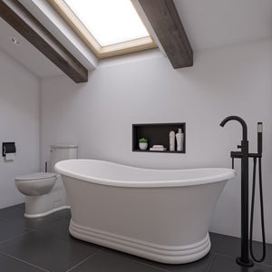 ALFI AB2534 Single Lever Floor Mounted Tub Filler Mixer with Hand Held Shower Head Solid brass construction coated with a Matte Black finish in the bathroom beside the bathtub