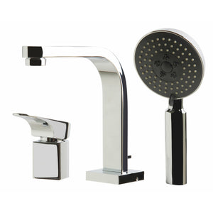 ALFI AB2703 Deck Mounted Tub Filler and Round Hand Held Shower Head solid brass construction polished chrome in a white background