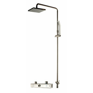 ALFI AB2862-BN Brushed Nickel Square Style Thermostatic Exposed Shower Set with Water Diverter, Temperature Control, On/Off Control, Rain Showerhead, Handheld Showerhead in a white background.