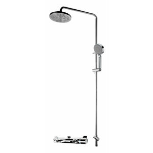 ALFI AB2867-PC Polished Chrome Round Style Thermostatic Exposed Shower Set with Water Diverter, Temperature Control, On/Off Control, Rain Showerhead, Handheld Showerhead polished chrome in a white background.