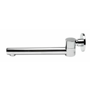 ALFI AB6601 Round Foldable Tub Spout polished chrome with decorative round plate cover in a white background, side view