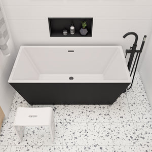 ALFI AB8834 59 inch Black & White Rectangular Acrylic Free Standing Soaking Bathtub with polished chrome overflow, drain and faucet, 1 person capacity, top view in a bathroom