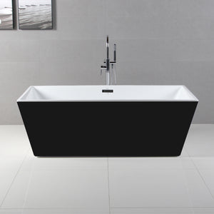ALFI AB8834 59 inch Black & White Rectangular Acrylic Free Standing Soaking Bathtub with polished chrome overflow and faucet, 1 person capacity, front view in a bathroom