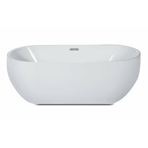 ALFI AB8838 59 inch White Oval Acrylic Free Standing Soaking Bathtub with polished chrome in a white background, 1 person capacity, front view