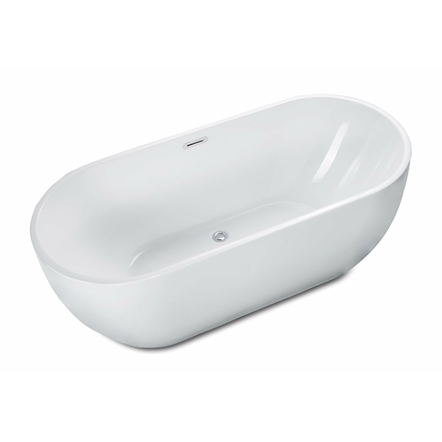 ALFI AB8838 59 inch White Oval Acrylic Free Standing Soaking Bathtub with polished chrome and drain in a white background, 1 person capacity, front view