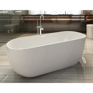 ALFI AB8838 59 inch White Oval Acrylic Free Standing Soaking Bathtub with polished chrome and faucet in a bathroom, 1 person capacity, front view