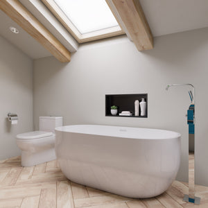 ALFI AB8838 59 inch White Oval Acrylic Free Standing Soaking Bathtub with polished chrome, drain and faucet in a bathroom, 1 person capacity, front view