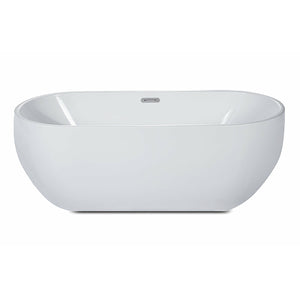 ALFI AB8839 67 inch White Oval Acrylic Free Standing Soaking Bathtub drain in a white background, 1 person capacity, front view