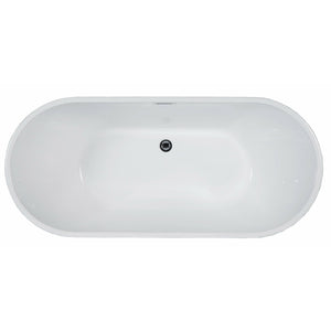 ALFI AB8839 67 inch White Oval Acrylic Free Standing Soaking Bathtub drain and polished chrome overflow in a white background, 1 person capacity, top view