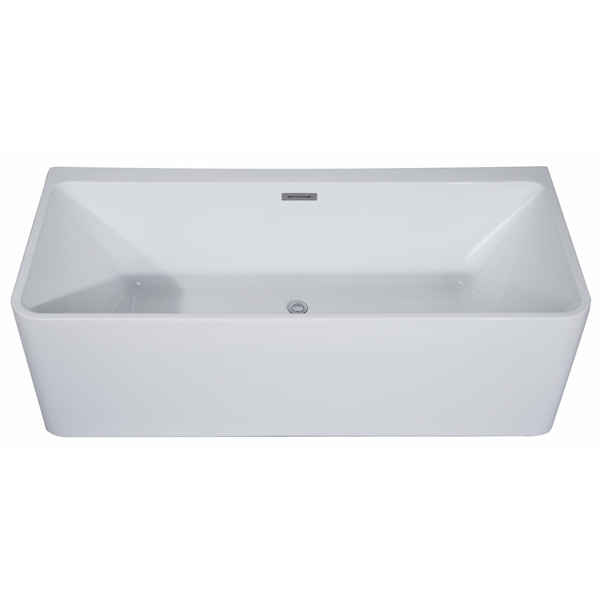 ALFI AB8858 59 inch White Rectangular Acrylic Free Standing Soaking Bathtub with drain and polished chrome overflow in a white background, 1 person capacity