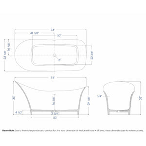 ALFI AB9915 74" White Solid Surface Smooth Resin Soaking Slipper Bathtub dimension drawing