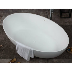 ALFI AB9941 67" White Oval Solid Surface Smooth Resin Soaking Bathtub with drain, top view, 1 person