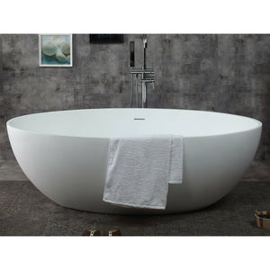 ALFI AB9941 67" White Oval Solid Surface Smooth Resin Soaking Bathtub with faucet and hand shower, front view, 1 person
