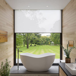 ALFI AB9949 66" White Solid Surface Smooth Resin with a matte finish with matte matching pop-up drain Soaking Bathtub in the bathroom