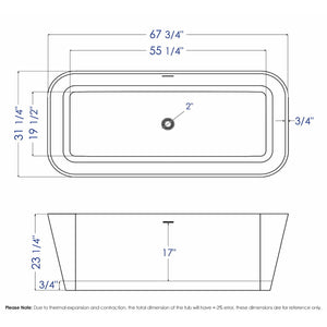 ALFI AB9952 67" White Rectangular Solid Surface Smooth Resin Soaking Bathtub dimension drawing