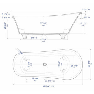 ALFI AB9960 67" White Matte Clawfoot Solid Surface Resin Bathtub dimension drawing