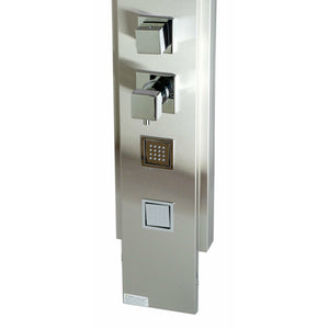 ALFI ABSP10 Modern Stainless Steel Shower Panel with 4 Body Sprays, Sleek Stainless Steel panel with Polished Chrome handles & knobs in a white background