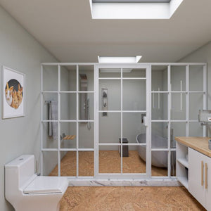 ALFI ABSP20 Modern Stainless Steel Shower Panel with 2 Body Sprays, shower mixer valve, 2 large fixed body jets with rain like spray, Overhead rain shower and Handheld sprayer - Sleek Stainless Steel panel with Polished Chrome handles & knobs - Lifestyle - Vital Hydrotherapy