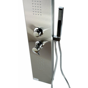 ALFI ABSP20 Modern Stainless Steel Shower Panel with 2 Body Sprays, shower mixer valve, 2 large fixed body jets with rain like spray, and Handheld sprayer - Sleek Stainless Steel panel with Polished Chrome handles & knobs in a white background