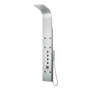 ALFI ABSP40 Stainless Steel Shower Panel with 6 Body Sprays, Overhead Rain Shower Head, Sleek Stainless Steel panel with Polished Chrome handles & knob, Flexible reinforced stainless steel hot & cold water supply hose, Handheld sprayer in a white background.