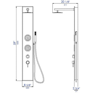ALFI ABSP50W White Glass Shower Panel with 2 Body Sprays and Rain Shower Head dimension drawing