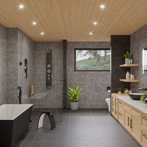 ALFI ABSP55B Black Glass Shower Panel with 2 Body Spray, overhead Rain Shower Head, Flexible reinforced stainless steel hot & cold water supply hose, Sleek Stainless Steel panel with Polished Chrome handles & knob and Handheld sprayer in a bathroom