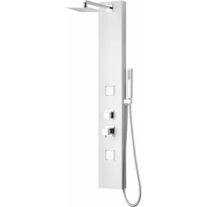 ALFI ABSP60W White Aluminum Shower Panel with 2 Body Sprays, Overhead Rain Shower Head, Sleek Stainless Steel panel with Polished Chrome handles & knobs, Flexible reinforced stainless steel hot & cold water supply hose in a white background.