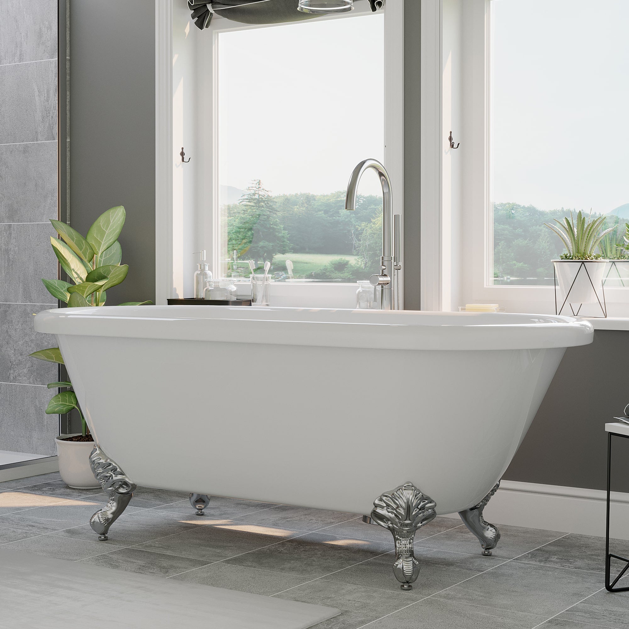 Cambridge Plumbing Double Ended Acrylic Clawfoot Soaking Tub (White Gloss Finish) and Complete Plumbing Package ADE-150-PKG-NH - with brushed nickel ball and claw feet and brushed nickel plumbing package - in bathroom setting - Vital Hydrotherapy