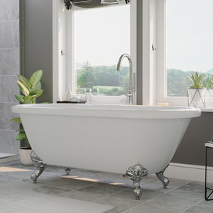 Cambridge Plumbing Double Ended Acrylic Clawfoot Soaking Tub (White Gloss Finish) and Complete Plumbing Package ADE-150-PKG-NH - with polished chrome ball and claw feet and polished chrome plumbing package - in bathroom setting - Vital Hydrotherapy
