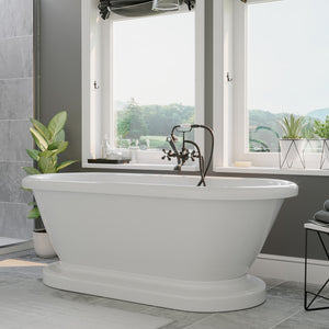 Cambridge Plumbing Double Ended Acrylic Pedestal Bathtub (White Gloss Finish) with Continuous Rim and Complete Plumbing Package - Oil rubbed bronze tub filler with hand-held shower - ADEP-398463-PKG-NH - Vital Hydrotherapy