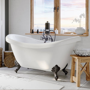 Cambridge Plumbing Double Slipper Acrylic Clawfoot Soaking Tub (White Gloss Finish) and Complete Plumbing Package - Oil rubbed bronze ball and claw feet - ADES-398463-PKG-NH - Vital Hydrotherapy