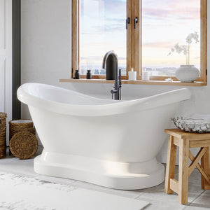 Cambridge Plumbing Double Slipper Acrylic Pedestal Soaking Tub (Fiberglass Core & White Gloss Finish) with Complete Plumbing Package - Oil rubbed bronze tub filler - Actual Dimensions: 30 1/3" H x 28" W x 68 4/5" L - ADES-PED-150-PKG-NH - Vital Hydrotherapy
