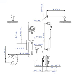 ALFI Round Style 2 Way Thermostatic Shower Set - Specification Drawing - AB2545 - Vital Hydrotherapy
