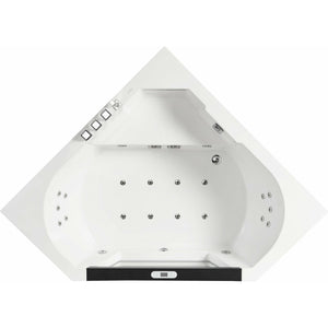 EAGO AM156ETL 5 ft Clear Corner Acrylic Whirlpool Bathtub for Two - tempered glass front panel, fiberglass and stainless steel-reinforced MaxLoad™ high gloss acrylic with Keypad Control Panel, jets and square shaped hand held shower head front view in a white background top view