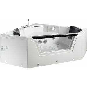EAGO AM156ETL 5 ft Clear Corner Acrylic Whirlpool Bathtub for Two - tempered glass front panel, fiberglass and stainless steel-reinforced MaxLoad™ high gloss acrylic with Keypad Control Panel, jets and square shaped hand held shower head front view in a white background