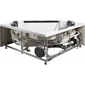 EAGO AM156ETL 5 ft Clear Corner Acrylic Whirlpool Bathtub pump with auto protection function, Inlet and outlet pipe connected to the pump in a white background