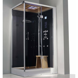 Athena Steam Shower with real oak wood ceiling and floor grids, a heavy-duty hinged glass door and a removable wooden stool right configuration