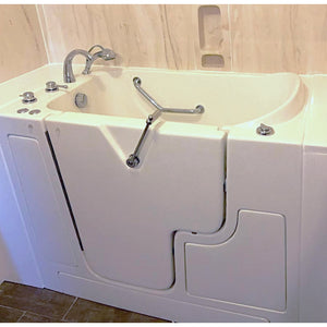Avora bath 30" x 52" wheelchair transfer walk-in tub white with left outward swinging door, air and hydro massage with microbubbles and handle & faucet - lifestyle - Vital Hydrotherapy