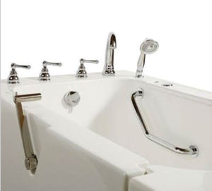Avora Bath 32" x 52" Wheelchair Transfer Walk-In Tub white with left outward swing door - air and vibration jets - 5 piece roman faucet set - hand shower with pull out hose - stainless steel grab bar - Vital Hydrotherapy