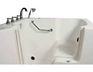 Avora Bath 32" x 52" Wheelchair Transfer Walk-In Tub white with left outward swing door - air and vibration jets - 5 piece roman faucet set - hand shower with pull out hose - stainless steel grab bar - Vital Hydrotherapy