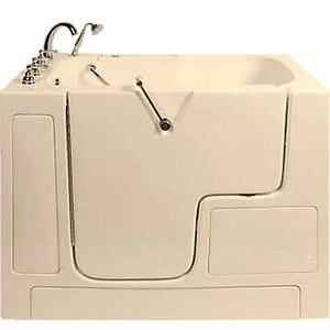 Avora bath 32" x 52" wheelchair transfer walk-in tub biscuit with left outward swing door - air massage with microbubbles - 5 piece roman faucet set - hand shower with pull out hose - stainless steel grab bar - Vital Hydrotherapy