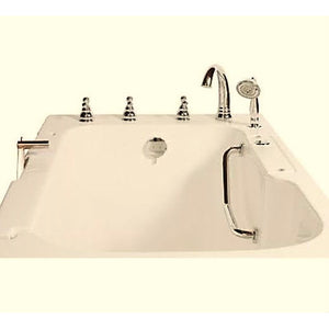 Avora bath 32" x 52" wheelchair transfer walk-in tub biscuit with left outward swing door - air hydro and vibration jets - 5 piece roman faucet set - hand shower with pull out hose - stainless steel grab bar - Vital Hydrotherapy