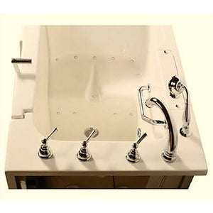 Avora bath 32" x 52" wheelchair transfer walk-in tub biscuit with right outward swing door - air massage with microbubbles - 5 piece roman faucet set - hand shower with pull out hose - stainless steel grab bar - top view - Vital Hydrotherapy