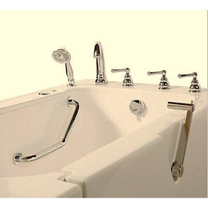 Avora bath 32" x 52" wheelchair transfer walk-in tub biscuit with right outward swing door - air massage with microbubbles - 5 piece roman faucet set - hand shower with pull out hose - stainless steel grab bar - Vital Hydrotherapy
