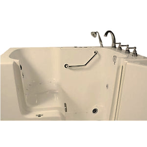 Avora bath 32" x 52" wheelchair transfer walk-in tub biscuit with right outward swing door - air hydro and vibration jets - 5 piece roman faucet set - hand shower with pull out hose - stainless steel grab bar - open door - Vital Hydrotherapy