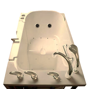 Avora bath 32" x 52" wheelchair transfer walk-in tub biscuit with right outward swing door - air and vibration jets - 5 piece roman faucet set - hand shower with pull out hose - stainless steel grab bar - top view - Vital Hydrotherapy