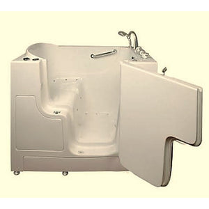 Avora bath 32" x 52" wheelchair transfer walk-in tub biscuit with right outward swing door - air and vibration jets - 5 piece roman faucet set - hand shower with pull out hose - stainless steel grab bar - open door - Vital Hydrotherapy