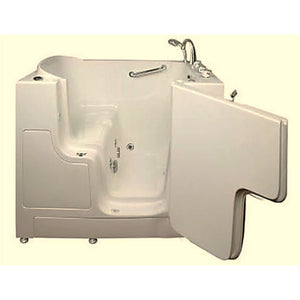 Avora bath 32" x 52" wheelchair transfer walk-in tub biscuit with right outward swing door - hydro massage with microbubbles - 5 piece roman faucet set - hand shower with pull out hose - stainless steel grab bar - open door - Vital Hydrotherapy