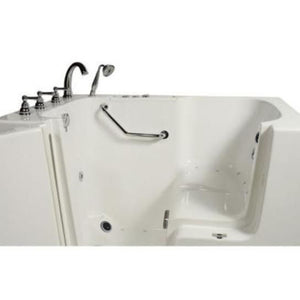 Avora bath 32" x 52" wheelchair transfer walk-in tub white with left outward swing door - air hydro and vibration jets - 5 piece roman faucet set - hand shower with pull out hose - stainless steel grab bar - open door - Vital Hydrotherapy